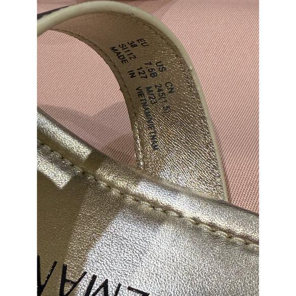 NEW Stuart Weitzman 7.5 Ibiza Woven-Strap Flat Slide Sandal Metallic Silver Gold - Picture 11 of 12